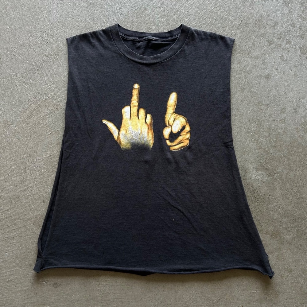 Vintage 90s Middle Finger Shirt Size Medium Black F You Hand Gesture Cut Off